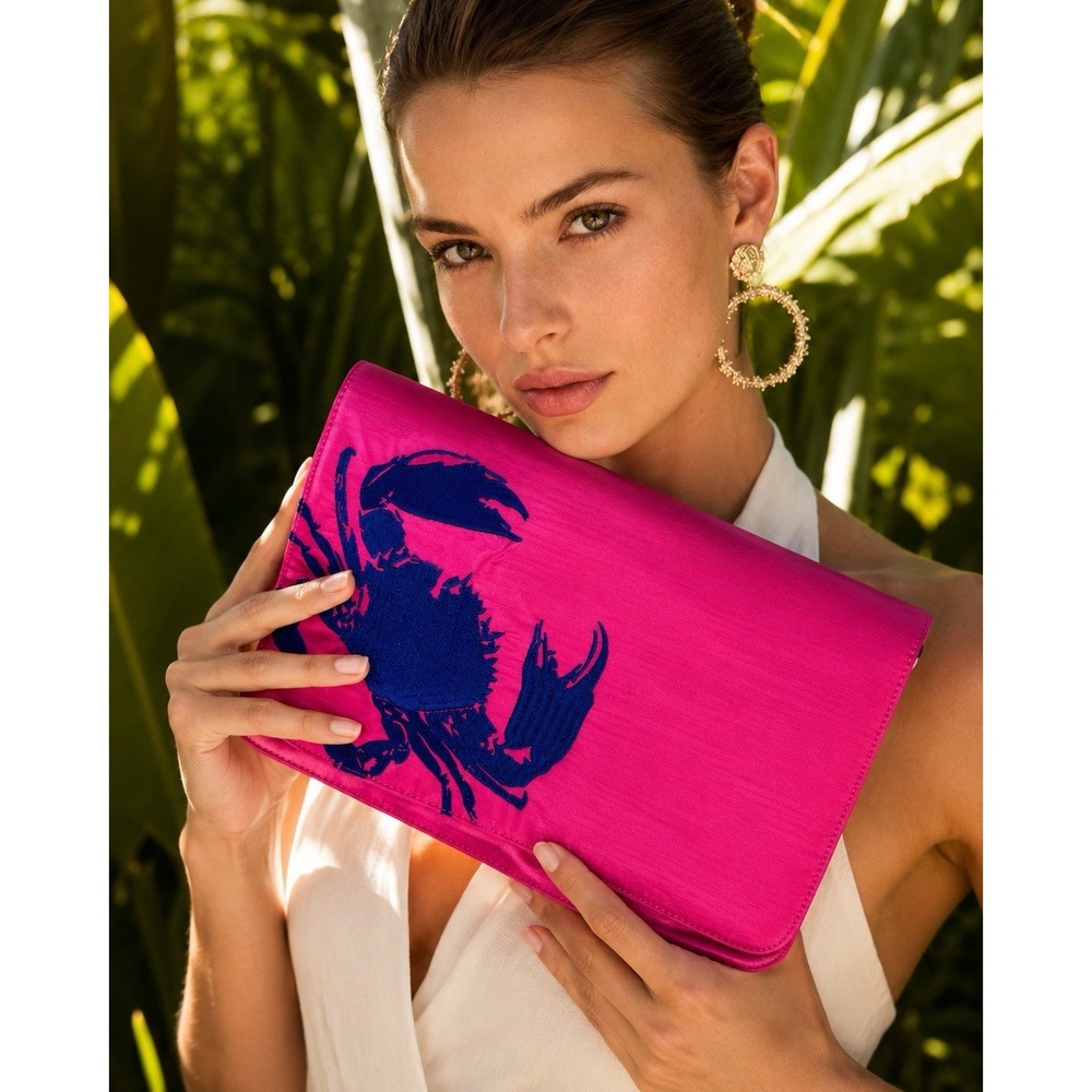 Anthropologie Shiraleah Sebastian Crab Clutch Fuchsia Embroidered Satin Bag NWOT
